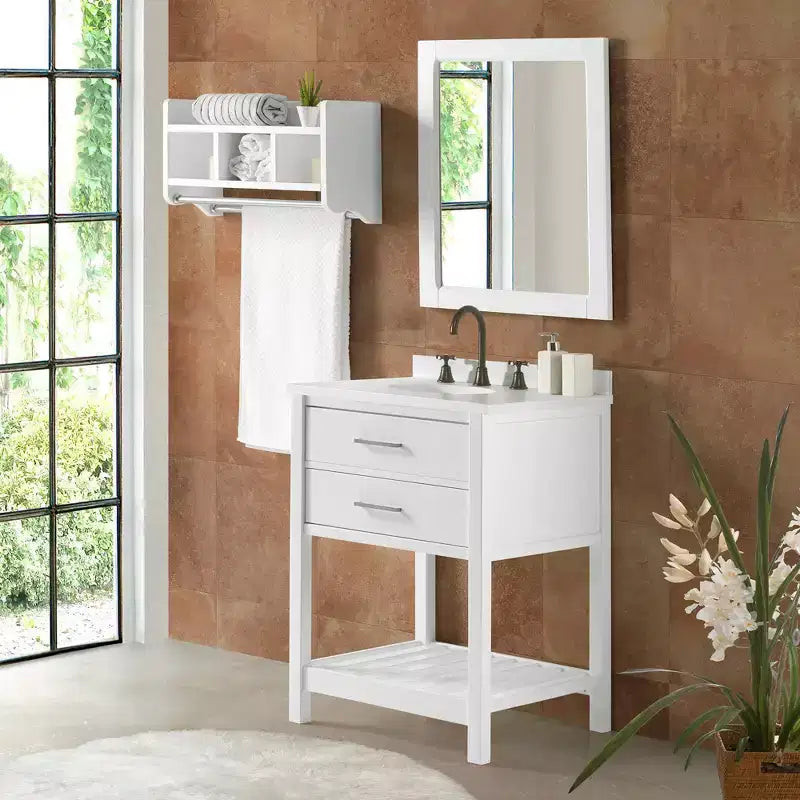 Mobile bagno Harrison 24" Bianco - Alaterre Furniture: Mobiletto contenitore per bagno in legno massello con ripiano