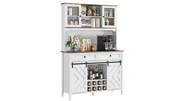 72 Armadietto da Bar da Fattoria con Porta Scorrevole a Fienile, Grande Credenza da Cucina con Alzata, Stazione di Ricarica, 2 Cassetti e 8 Ripiani Contenitori Caffè