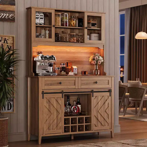 72 Farmhouse Bar Cabinet with Sliding Barn Door  Large Kitchen Buffet with Hutch, Charging Station, 2 Drawers & 8 Storage Shelves  Coffee