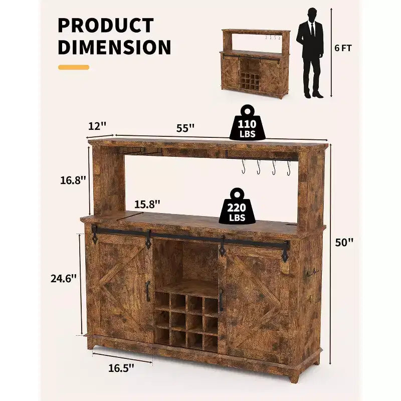 Mobiletto/Credenza da Caffè da 55 Pollici con Anta Scorrevole a Fienile, Design con Illuminazione d'Esposizione e Hub Multifunzione, Porta Calici per Sala da Pranzo