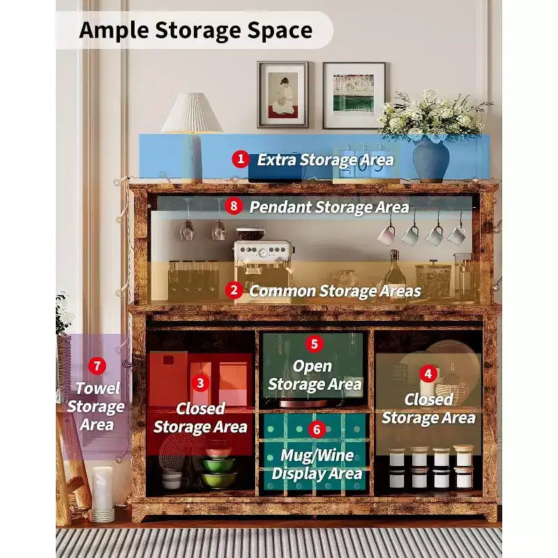 Mobiletto/Credenza da Caffè da 55 Pollici con Anta Scorrevole a Fienile, Design con Illuminazione d'Esposizione e Hub Multifunzione, Porta Calici per Sala da Pranzo