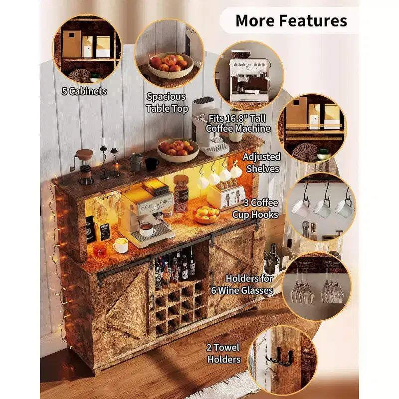 Mobiletto/Credenza da Caffè da 55 Pollici con Anta Scorrevole a Fienile, Design con Illuminazione d'Esposizione e Hub Multifunzione, Porta Calici per Sala da Pranzo