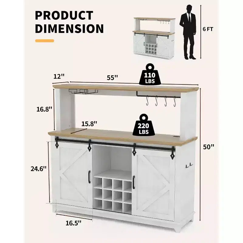 Mobiletto/Credenza da Caffè da 55 Pollici con Anta Scorrevole a Fienile, Design con Illuminazione d'Esposizione e Hub Multifunzione, Porta Calici per Sala da Pranzo