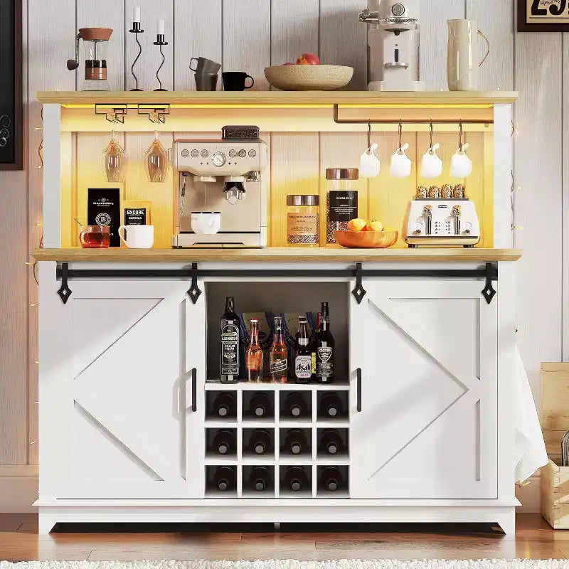 Mobiletto/Credenza da Caffè da 55 Pollici con Anta Scorrevole a Fienile, Design con Illuminazione d'Esposizione e Hub Multifunzione, Porta Calici per Sala da Pranzo