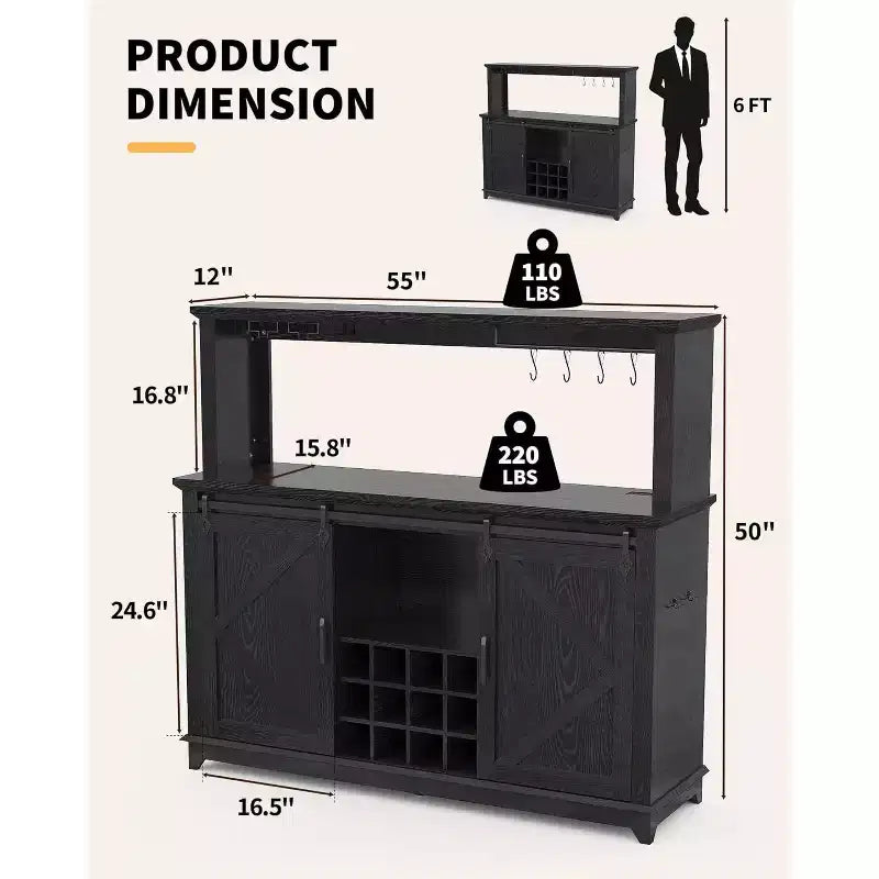 Mobiletto/Credenza da Caffè da 55 Pollici con Anta Scorrevole a Fienile, Design con Illuminazione d'Esposizione e Hub Multifunzione, Porta Calici per Sala da Pranzo
