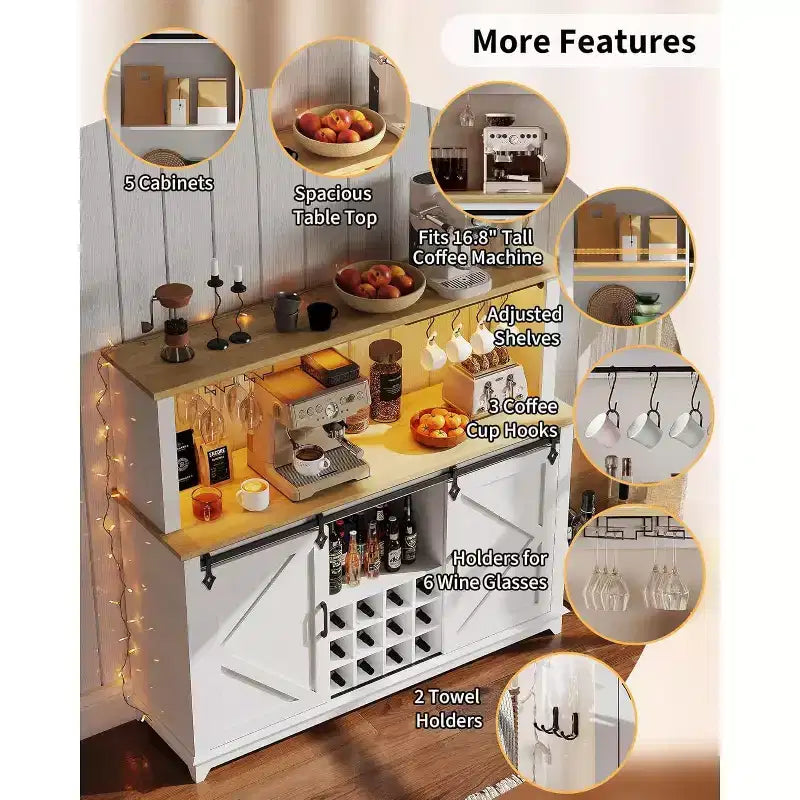 Mobiletto/Credenza da Caffè da 55 Pollici con Anta Scorrevole a Fienile, Design con Illuminazione d'Esposizione e Hub Multifunzione, Porta Calici per Sala da Pranzo