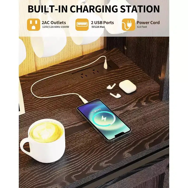 Mobiletto/Credenza da Caffè da 55 Pollici con Anta Scorrevole a Fienile, Design con Illuminazione d'Esposizione e Hub Multifunzione, Porta Calici per Sala da Pranzo