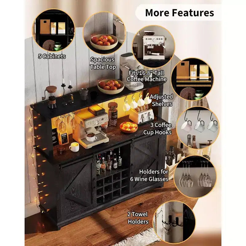 Mobiletto/Credenza da Caffè da 55 Pollici con Anta Scorrevole a Fienile, Design con Illuminazione d'Esposizione e Hub Multifunzione, Porta Calici per Sala da Pranzo