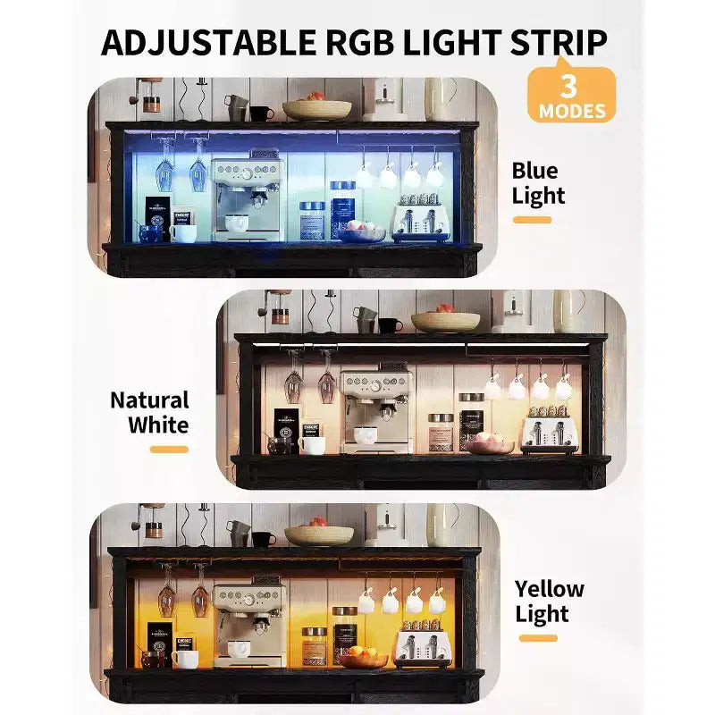 Mobiletto/Credenza da Caffè da 55 Pollici con Anta Scorrevole a Fienile, Design con Illuminazione d'Esposizione e Hub Multifunzione, Porta Calici per Sala da Pranzo
