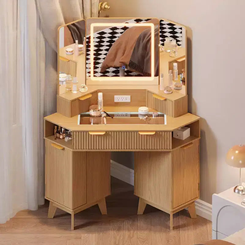 Toeletta angolare da 48 pollici scanalata con 3 specchi, piano in vetro temperato, 3 cassetti, 2 armadietti e 2 mensole per camera da letto e spogliatoio