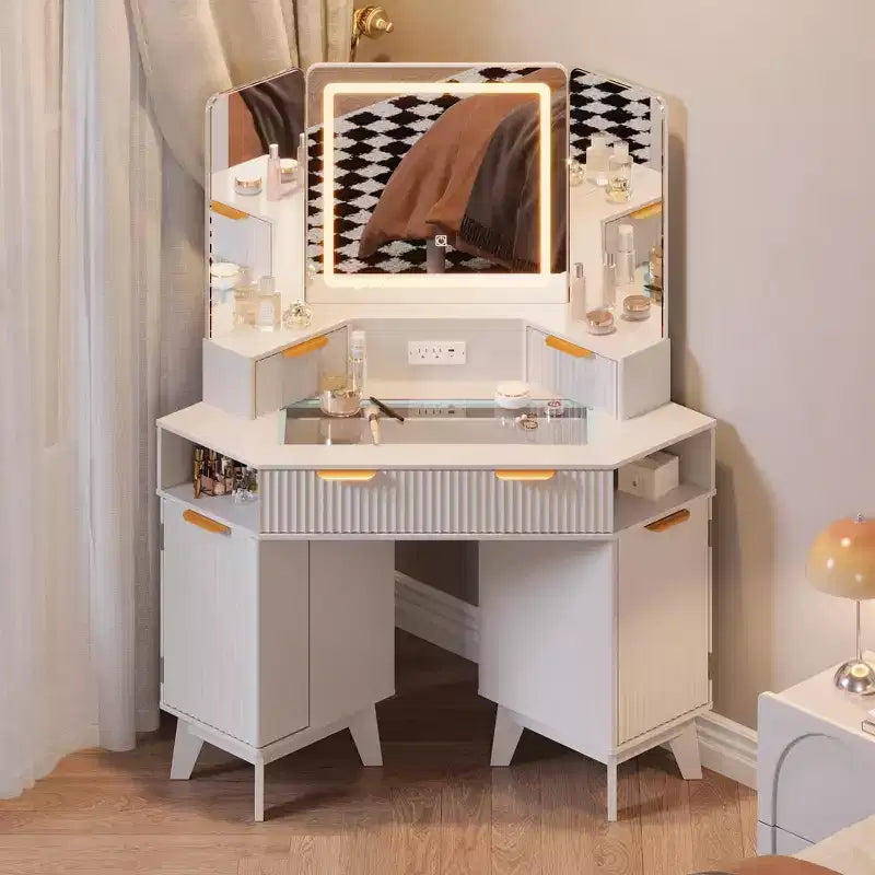 Toeletta angolare da 48 pollici scanalata con 3 specchi, piano in vetro temperato, 3 cassetti, 2 armadietti e 2 mensole per camera da letto e spogliatoio