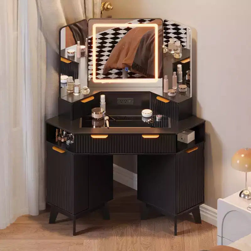 Toeletta angolare da 48 pollici scanalata con 3 specchi, piano in vetro temperato, 3 cassetti, 2 armadietti e 2 mensole per camera da letto e spogliatoio
