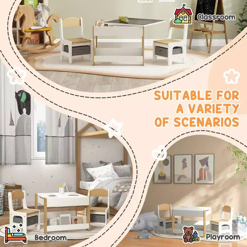 JVNOXK2-in-1 Set Scrivania e Sedia per Bambini con Lavagna Ribaltabile, Contenitore e Scaffale, Combinazione Scrivania e Sedia per Bambini in 3 Pezzi