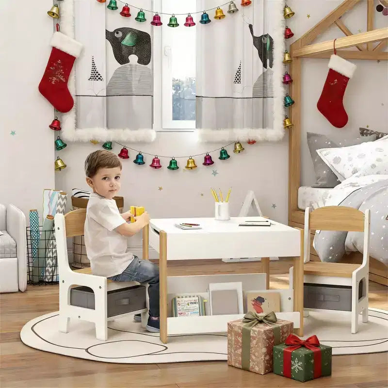 JVNOXK2-in-1 Set Scrivania e Sedia per Bambini con Lavagna Ribaltabile, Contenitore e Scaffale, Combinazione Scrivania e Sedia per Bambini in 3 Pezzi