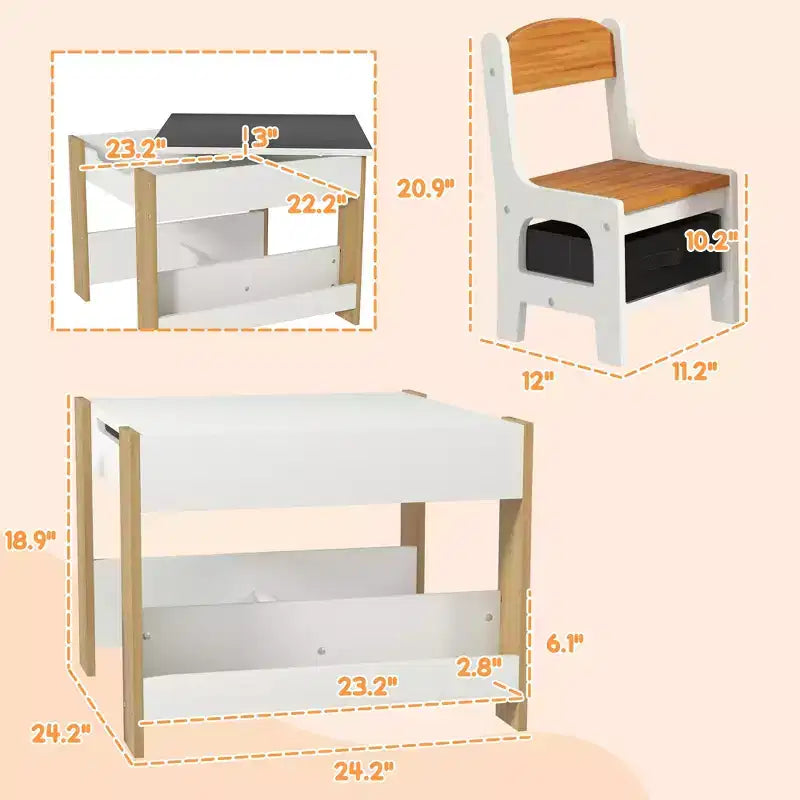 JVNOXK2-in-1 Set Scrivania e Sedia per Bambini con Lavagna Ribaltabile, Contenitore e Scaffale, Combinazione Scrivania e Sedia per Bambini in 3 Pezzi