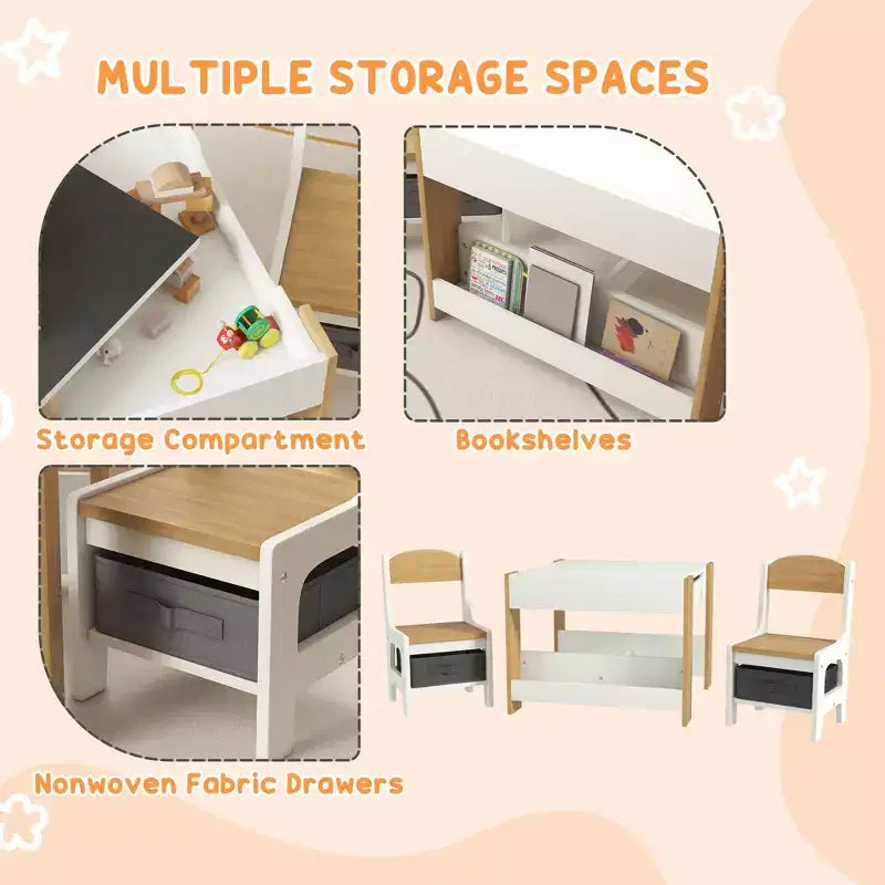 JVNOXK2-in-1 Set Scrivania e Sedia per Bambini con Lavagna Ribaltabile, Contenitore e Scaffale, Combinazione Scrivania e Sedia per Bambini in 3 Pezzi