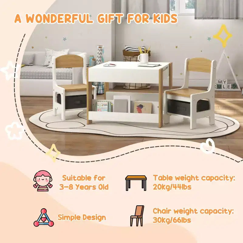 JVNOXK2-in-1 Set Scrivania e Sedia per Bambini con Lavagna Ribaltabile, Contenitore e Scaffale, Combinazione Scrivania e Sedia per Bambini in 3 Pezzi