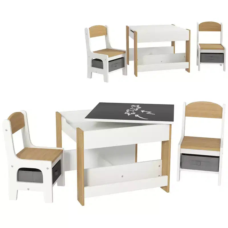 JVNOXK2-in-1 Set Scrivania e Sedia per Bambini con Lavagna Ribaltabile, Contenitore e Scaffale, Combinazione Scrivania e Sedia per Bambini in 3 Pezzi