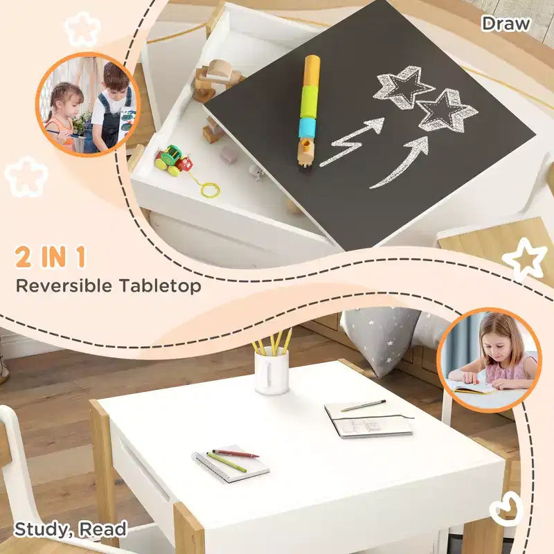 JVNOXK2-in-1 Set Scrivania e Sedia per Bambini con Lavagna Ribaltabile, Contenitore e Scaffale, Combinazione Scrivania e Sedia per Bambini in 3 Pezzi