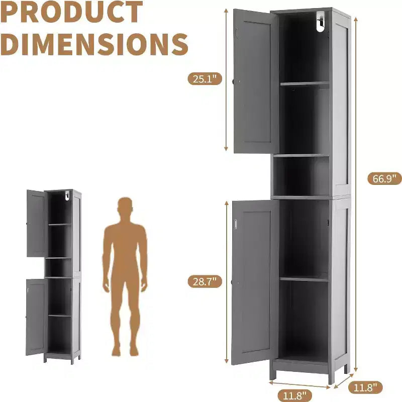 Mobiletto alto e stretto da bagno, 170 cm, autoportante, con ripiani regolabili, design resistente all'acqua per cucina, corridoio, bagno
