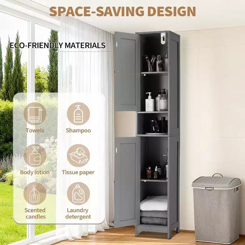 Mobiletto alto e stretto da bagno, 170 cm, autoportante, con ripiani regolabili, design resistente all'acqua per cucina, corridoio, bagno