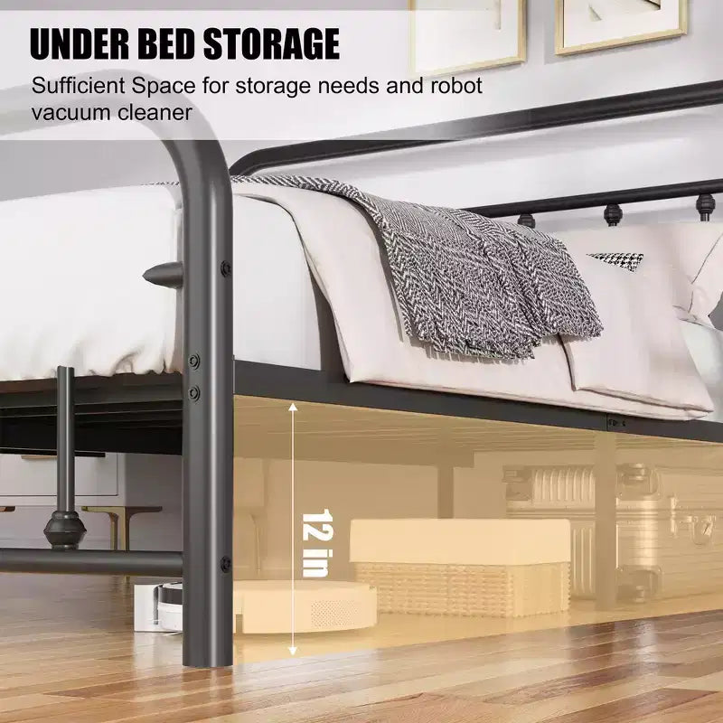 Celebalcony Letto a Piattaforma Matrimoniale in Metallo con Testiera e Pediera, Rete a Doghe in Acciaio, Contenitore Sotto il Letto, Nessun Box Spring Necessario, Nero