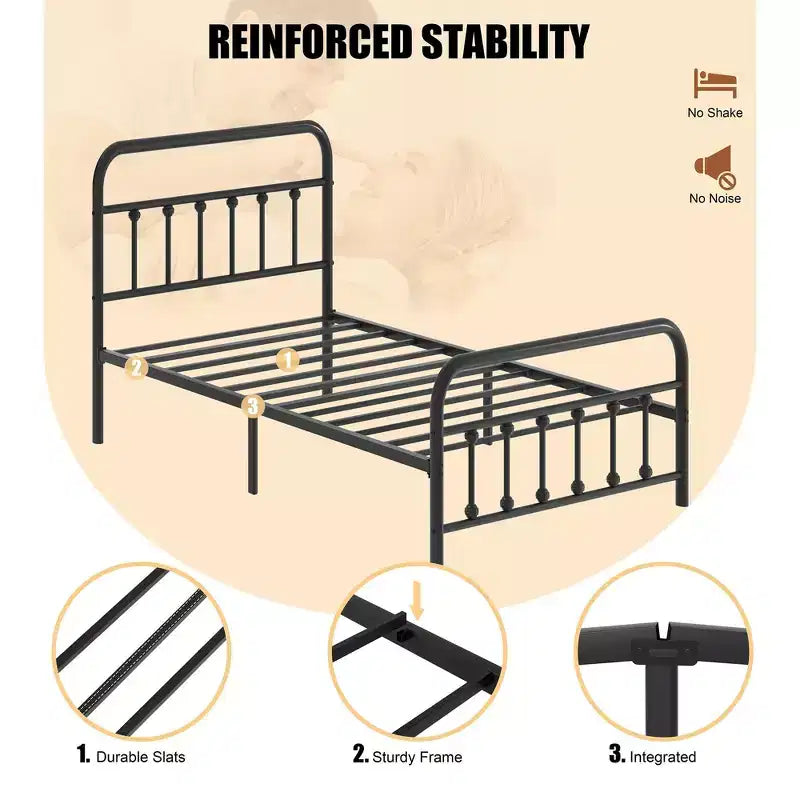 Celebalcony Letto a Piattaforma Matrimoniale in Metallo con Testiera e Pediera, Rete a Doghe in Acciaio, Contenitore Sotto il Letto, Nessun Box Spring Necessario, Nero
