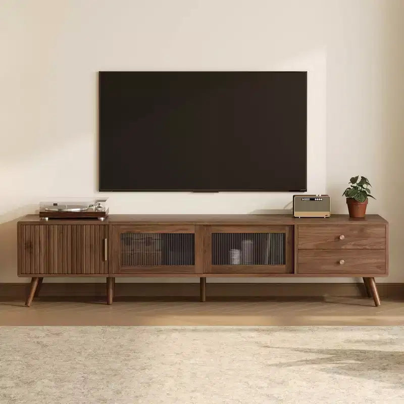 PexFix 76 Modern Minimal Glass-Doors TV Stand Wood-Grain Entertainment Center with Storage Cabinets TV Media Console Table for Living Room/Bedroom