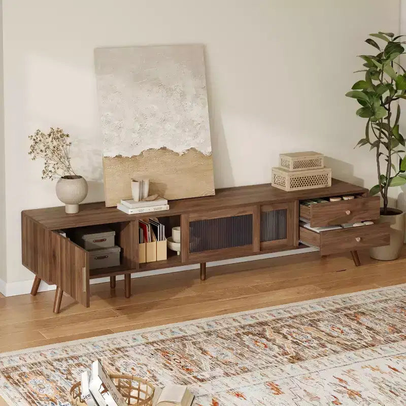 PexFix 76 Mobile TV moderno e minimale con ante in vetro, Centro di intrattenimento effetto legno con credenze, Mobile TV multimediale per soggiorno/camera da letto