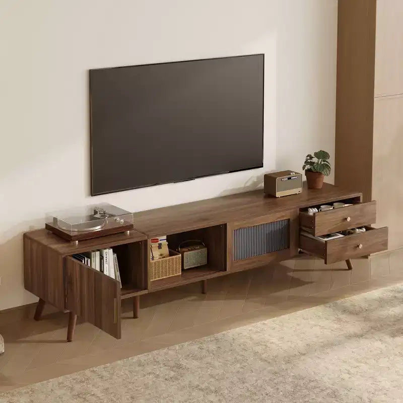 PexFix 76 Mobile TV moderno e minimale con ante in vetro, Centro di intrattenimento effetto legno con credenze, Mobile TV multimediale per soggiorno/camera da letto