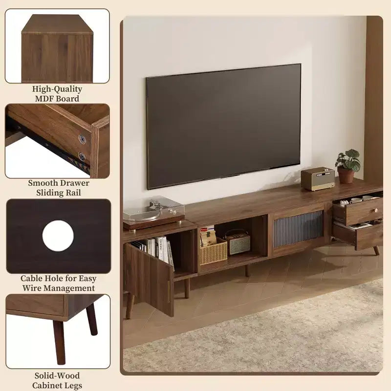 PexFix 76 Mobile TV moderno e minimale con ante in vetro, Centro di intrattenimento effetto legno con credenze, Mobile TV multimediale per soggiorno/camera da letto