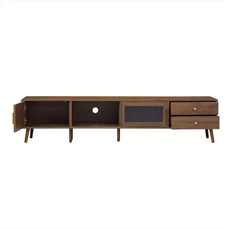 PexFix 76 Mobile TV moderno e minimale con ante in vetro, Centro di intrattenimento effetto legno con credenze, Mobile TV multimediale per soggiorno/camera da letto