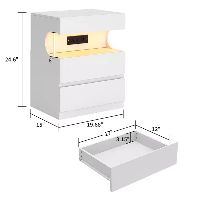 Comodino Intelligente Bianco C con luci LED controllate da app e stazione di ricarica con 3 cassetti per camera da letto
