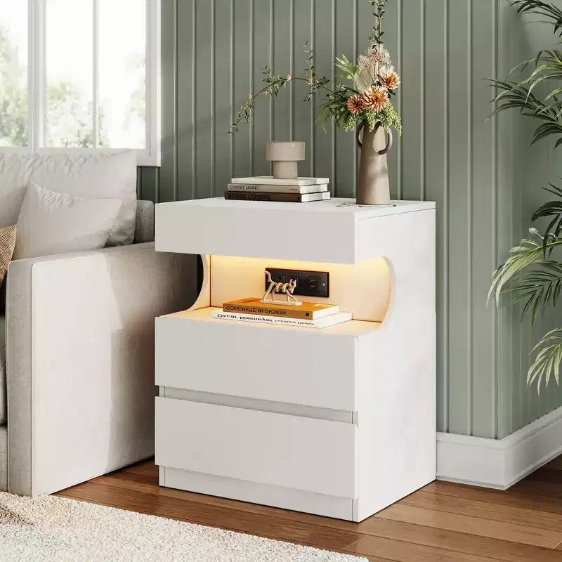 Comodino Intelligente Bianco C con luci LED controllate da app e stazione di ricarica con 3 cassetti per camera da letto