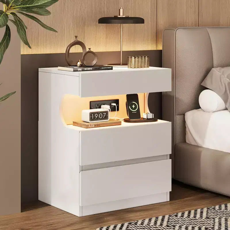 Comodino Intelligente Bianco C con luci LED controllate da app e stazione di ricarica con 3 cassetti per camera da letto