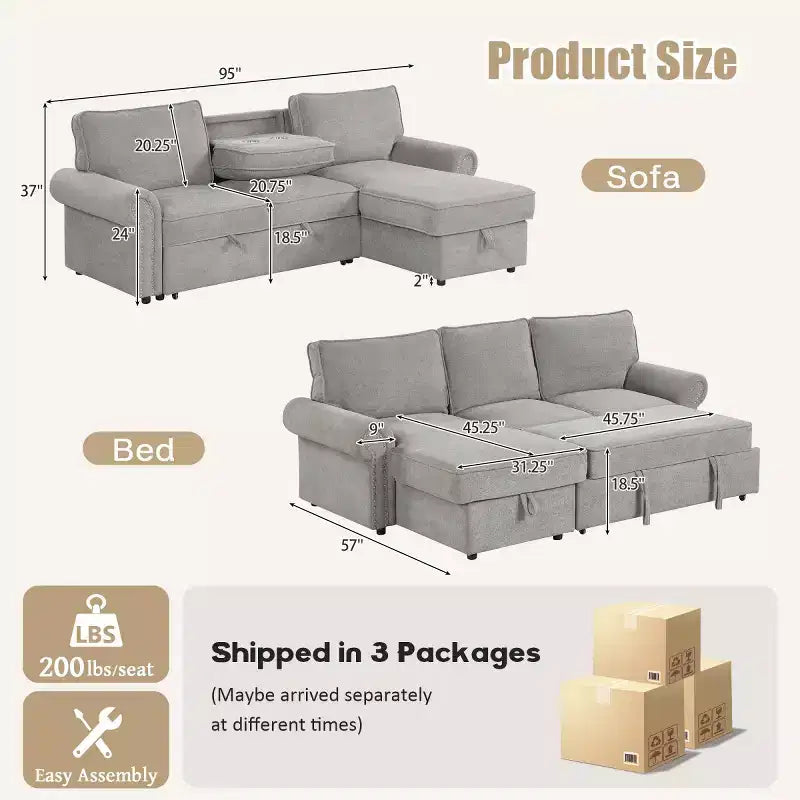 95 Divano componibile moderno in tessuto con chaise longue contenitore e schienale a ribalta, divano letto convertibile per soggiorno o sala famiglia-Panipeachy
