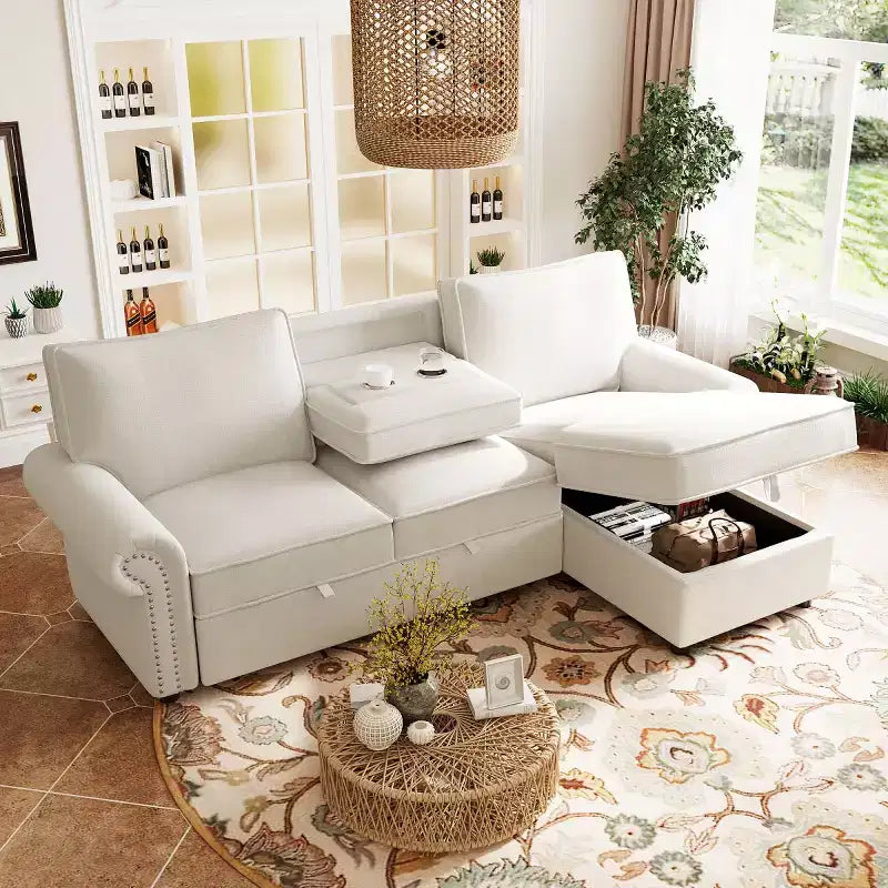 95 Divano componibile moderno in tessuto con chaise longue contenitore e schienale a ribalta, divano letto convertibile per soggiorno o sala famiglia-Panipeachy