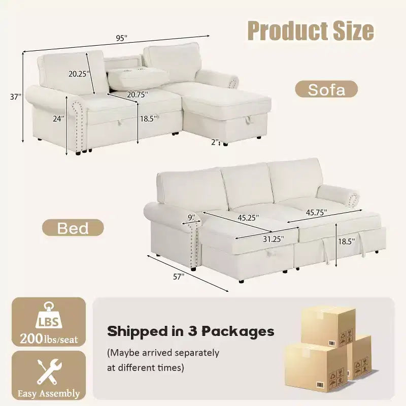 95 Divano componibile moderno in tessuto con chaise longue contenitore e schienale a ribalta, divano letto convertibile per soggiorno o sala famiglia-Panipeachy
