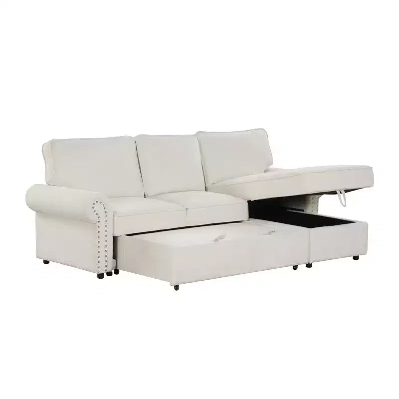 95 Divano componibile moderno in tessuto con chaise longue contenitore e schienale a ribalta, divano letto convertibile per soggiorno o sala famiglia-Panipeachy