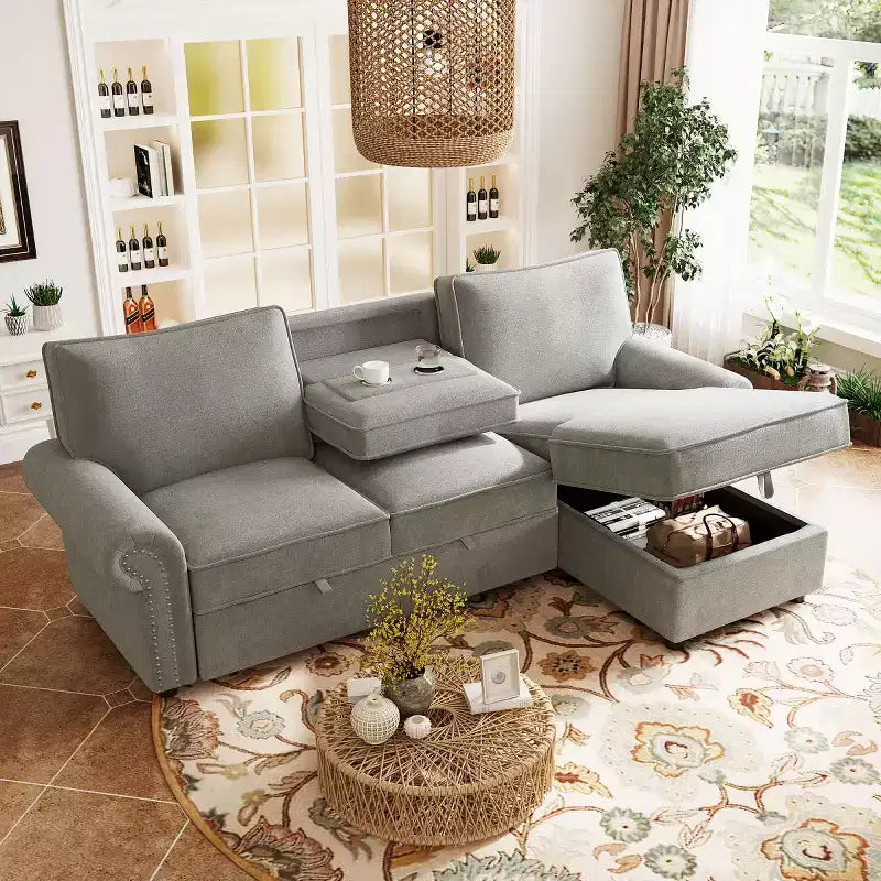 95 Divano componibile moderno in tessuto con chaise longue contenitore e schienale a ribalta, divano letto convertibile per soggiorno o sala famiglia-Panipeachy