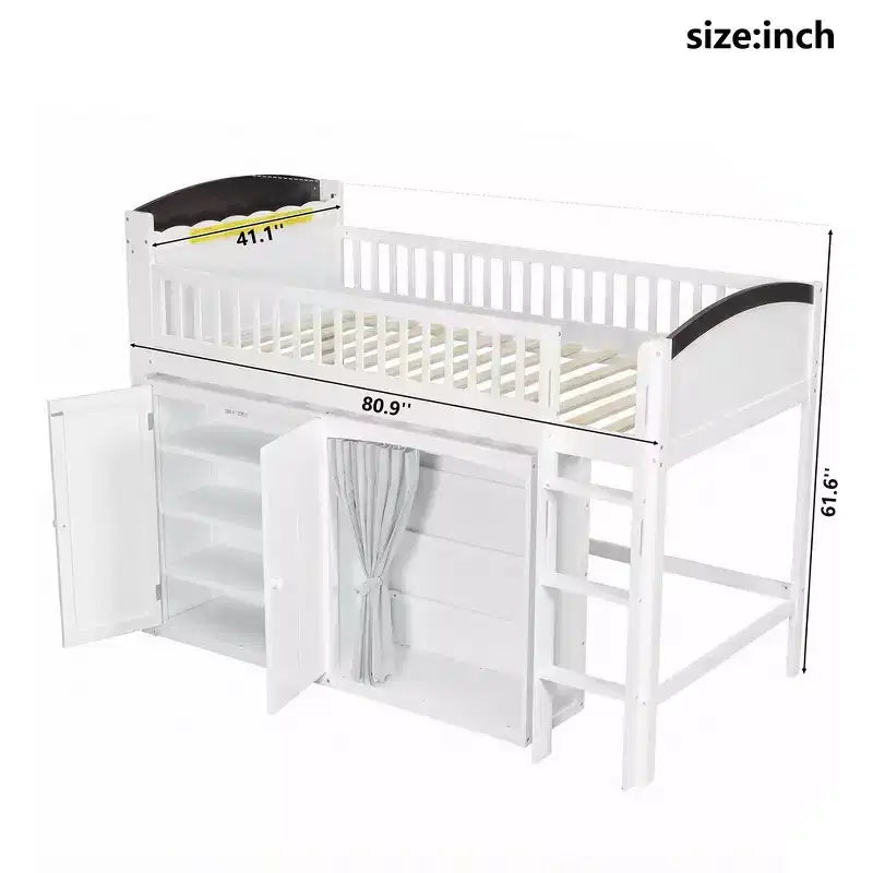Telaio letto a soppalco singolo Whisen con armadietto contenitore, guardaroba, struttura robusta