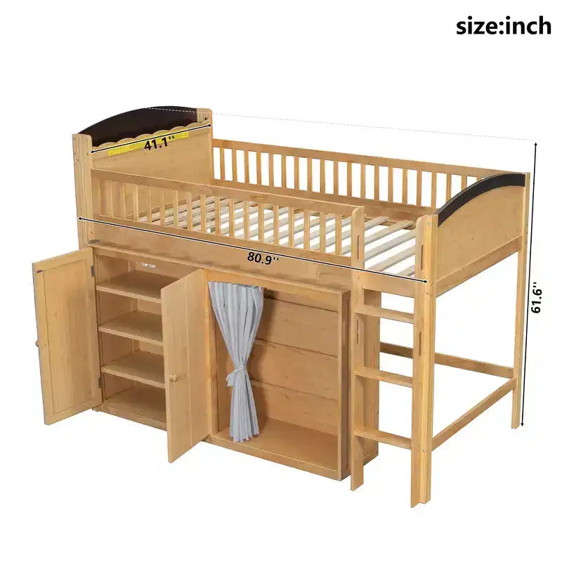 Telaio letto a soppalco singolo Whisen con armadietto contenitore, guardaroba, struttura robusta