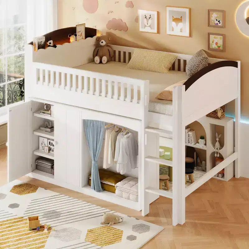 Telaio letto a soppalco singolo  con armadietto contenitore, guardaroba, struttura robusta