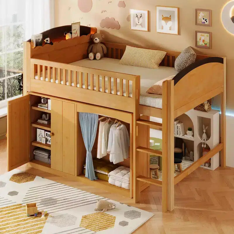 Telaio letto a soppalco singolo  con armadietto contenitore, guardaroba, struttura robusta