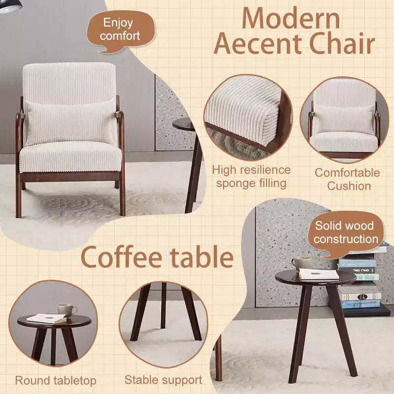 Etokfoks Set Poltrona e Tavolino da Caffè Moderni di Metà Secolo Poltrona Beige Tavolo Tonalità Noce per Soggiorno o Camera da Letto Relax