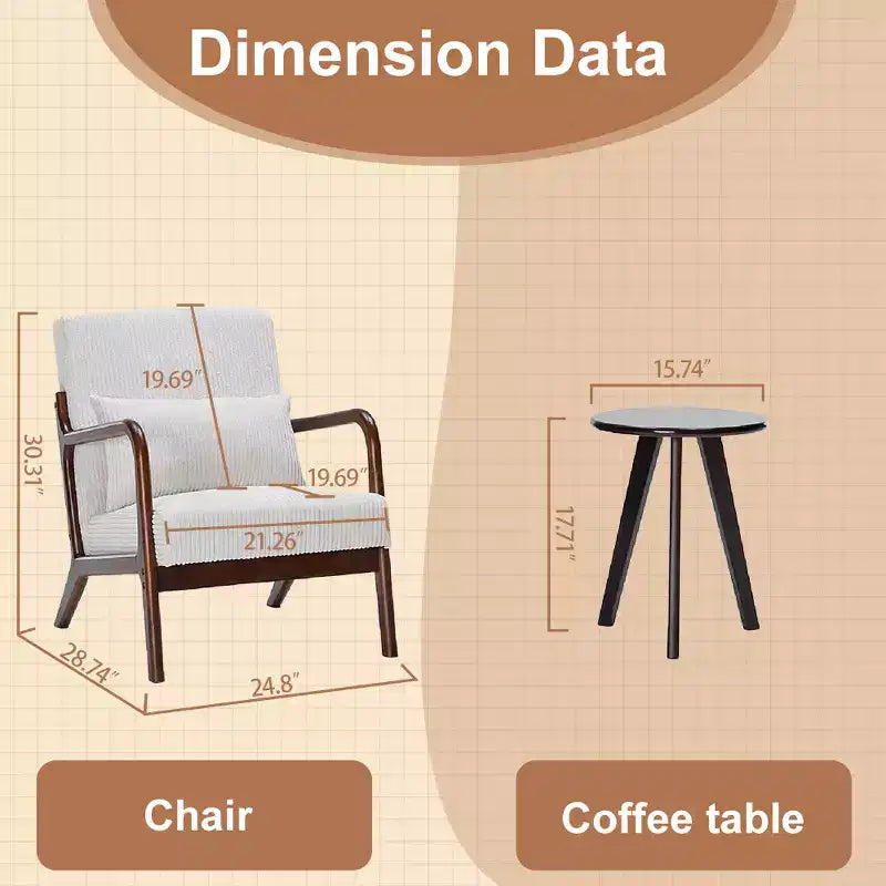 Etokfoks Set Poltrona e Tavolino da Caffè Moderni di Metà Secolo Poltrona Beige Tavolo Tonalità Noce per Soggiorno o Camera da Letto Relax
