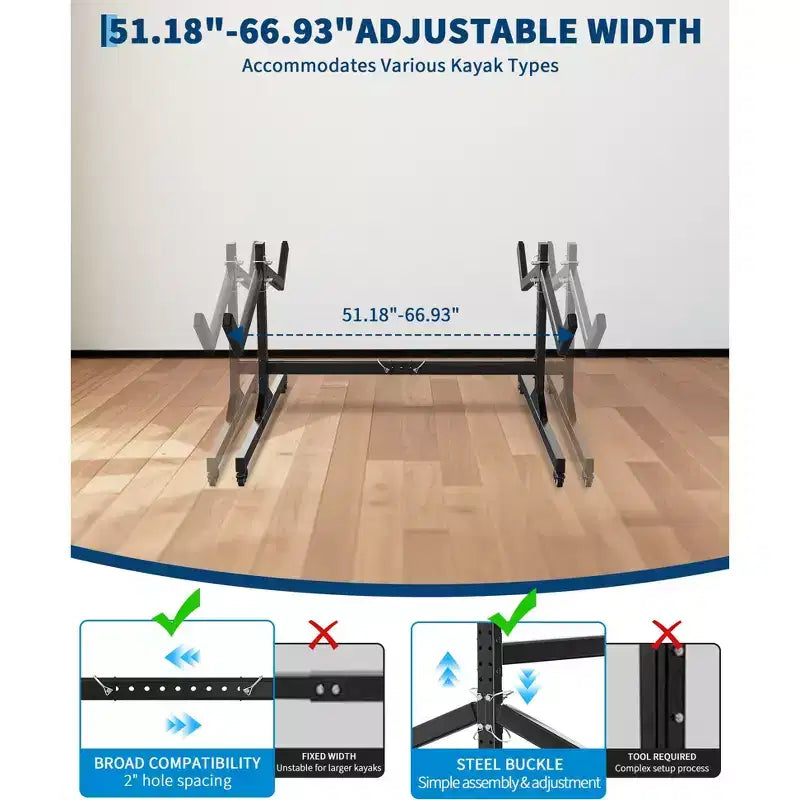 COZONY Porta Kayak da 2 Posti con Ruote, Porta Kayak Autoportante in Acciaio con Larghezza Regolabile e Cinghie di Sospensione