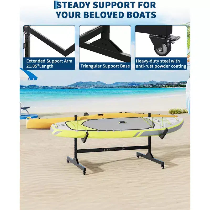 COZONY Porta Kayak da 2 Posti con Ruote, Porta Kayak Autoportante in Acciaio con Larghezza Regolabile e Cinghie di Sospensione