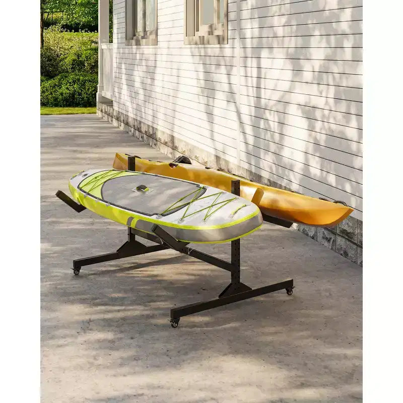 COZONY Porta Kayak da 2 Posti con Ruote, Porta Kayak Autoportante in Acciaio con Larghezza Regolabile e Cinghie di Sospensione