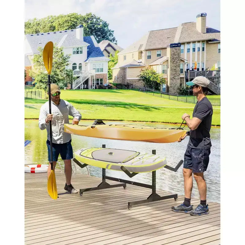 COZONY Porta Kayak da 2 Posti con Ruote, Porta Kayak Autoportante in Acciaio con Larghezza Regolabile e Cinghie di Sospensione
